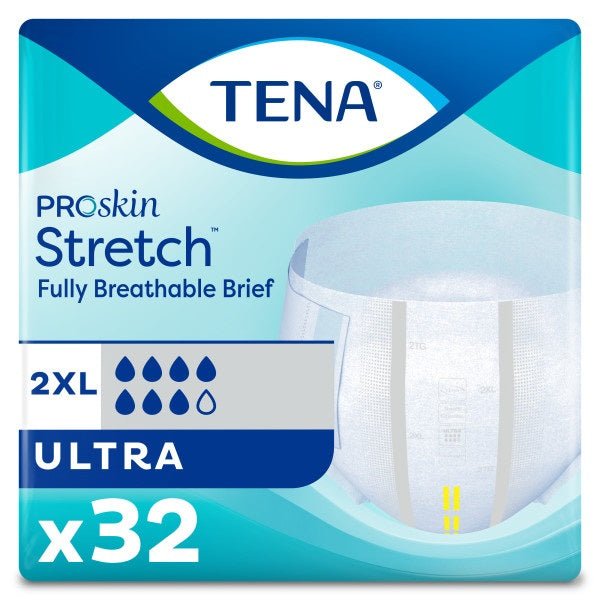 TENA ProSkin Stretch™ Ultra Briefs 2XL, 84-132 cm / 33" - 52", White 32 each/pack, 2 pack/case 61390