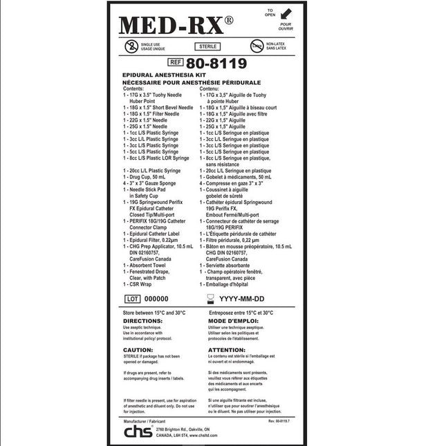 CHS Epidural Anesthesia Tray - 80-8119, 18TY/CA