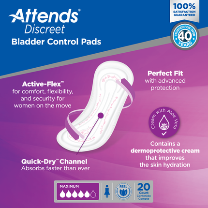 Attends Discreet Women's Maximum Pads L-13" W-4.5" - 10 bags of 20, ADPMAX