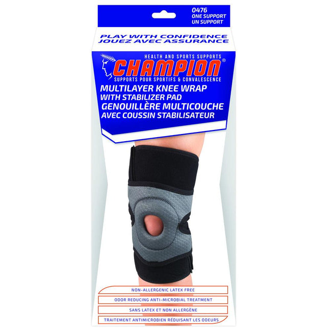 Airway Champion Multilayer Knee Wrap With Stabilizer Pad Charcoal/black, Left, 1 Each, 0476-L