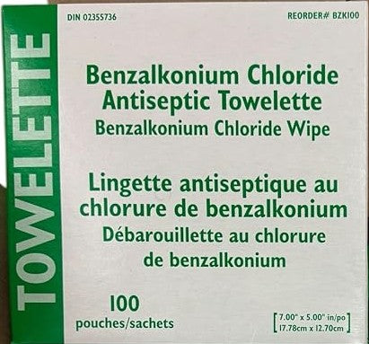 Canadian Custom Packaging BZK Antiseptic Towelette Benzalkonium Chloride, 7" x 5", 100 each/box , BZK100