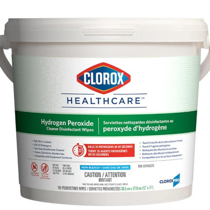 Clorox Canada Clorox Healthcare® Hydrogen Peroxide Cleaner Disinfecting Wipes, 185-count bucket, 12" x 11", 2 each/case, CL01458 / 01458