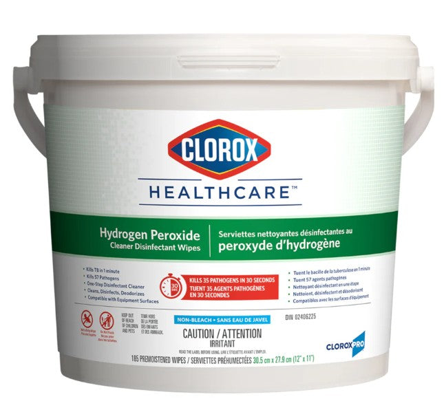 Clorox Canada Clorox Healthcare® Hydrogen Peroxide Cleaner Disinfecting Wipes, 185-count bucket, 12" x 11", 2 each/case, CL01458 / 01458