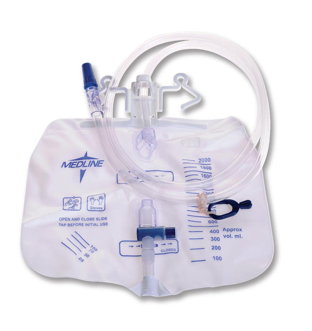 Medline Urine Drainage Bag with Anti-Reflux Valve, Anti-Reflux Tower and Metal-Free Slide-Tap Drainage Port, 2,000 mL, 20/Bag, DYND15205