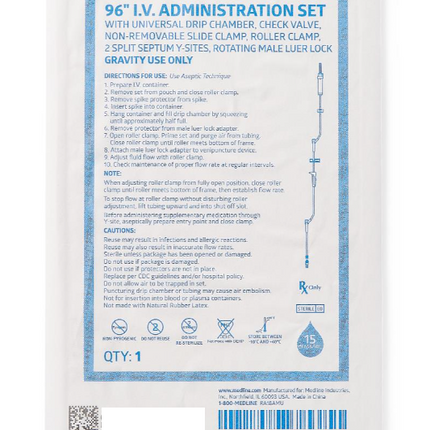 Medline IV Administration Sets with Injection Y-Site, with 2 Pre-Slit Ports, 15 Drops/mL, 96", 50/CS, DYNDTA1812