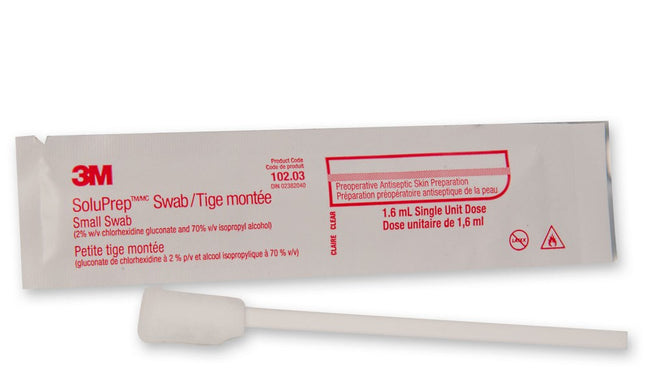 3M (Solventum) 3M™ SoluPrep™ Swab with Antiseptic Solution 2% w/v CHG/70% v/v IPA, Clear, Small,  50 each/box, S10203 / 102.03