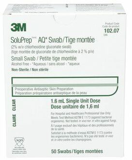 3M (Solventum) 3M™ SoluPrep™ AQ† Small Swab, Clear (Alcohol Free), 2% w/v CHG, 50 each/box, S10207