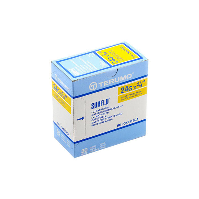Terumo SURFLO® IV Catheter, ETFE, L3/4" OD 24GA, Yellow 50 each/box, SR-OX2419CA / SROX2419CA