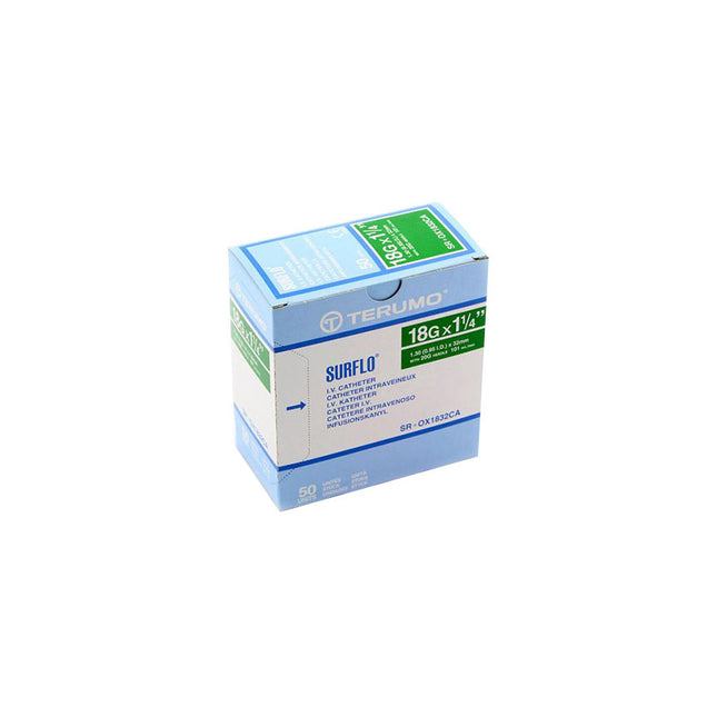 Terumo SURFLO® IV Catheter, ETFE, L1-1/4" OD 18GA, Green 50 each/box, SR-OX1832CA / SROX1832CA