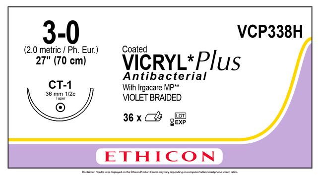 J&J Ethicon COATED VICRYL® Plus Antibacterial (polyglactin 910) Suture 36 each/box VCP338H