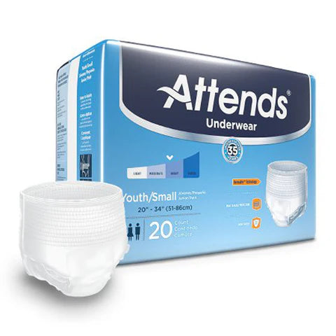 Attends Advanced Underwear, YOUTH/SMALL - Waist Size 20" - 34", 4 bags of 20, APP0710