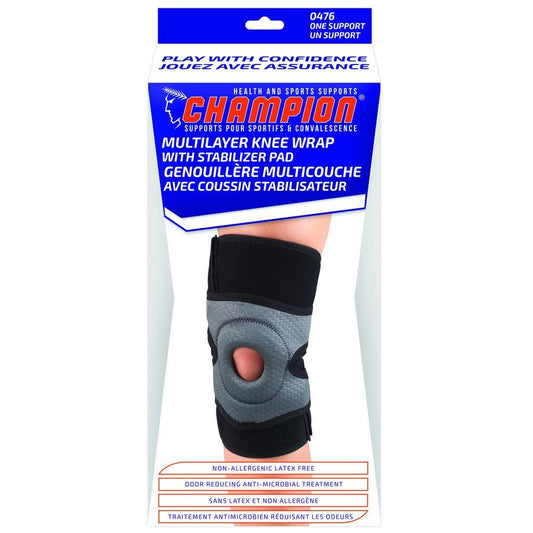 Airway Champion Multilayer Knee Wrap With Stabilizer Pad Charcoal/black, Right, 1 Each, 0476 - R - A Medi Supplies