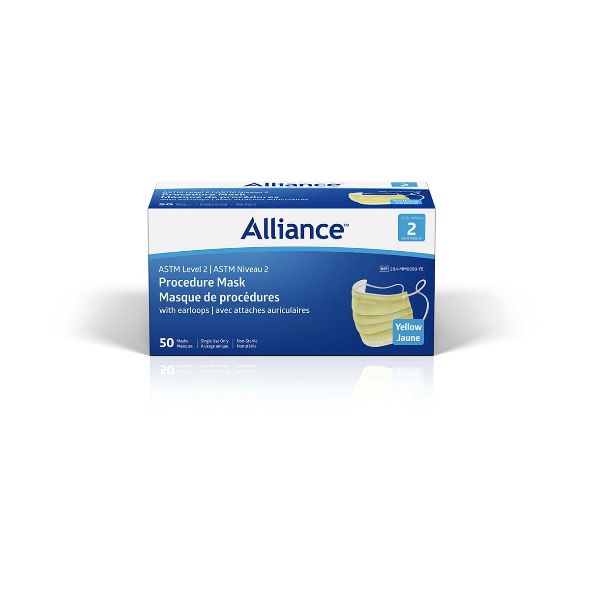Alliance Level-2 Surgical Face Mask with Ear Loops, Yellow, 50/BX, MM0200-YE.