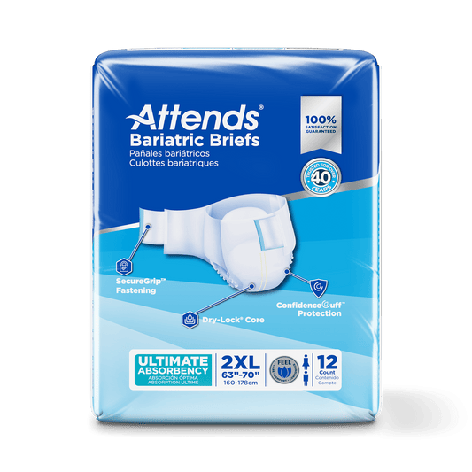 Attends Bariatric Briefs, 2X-LARGE Waist Size up to 70", 4 bags of 12, DD50