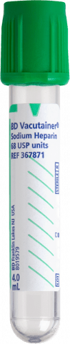 BD Tube Vacutainer Hemo+13 X 75mm 4ml Grn Plbl Plastic; 75USP unit Sodium Heparin 100/Box 10Box/Case 367871