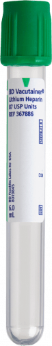BD Tube Vacutainer Hemo+13 X 100mm 6ml Grn L.hep Plbl Plastic; 95USP unit Lithium Heparin 100/Box 10Box/Case 367886 - A Medi Supplies