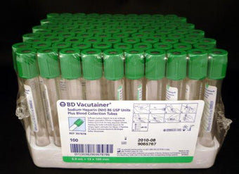 compare product BD Tube Vacutainer Hemo+13 X 100mm 6ml Grn Plbl Plastic; 90USP unit Sodium Heparin 100/Box 10Box/Case 367878