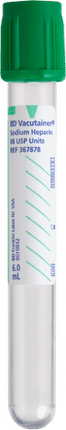 BD Tube Vacutainer Hemo+13 X 100mm 6ml Grn Plbl Plastic; 90USP unit Sodium Heparin 100/Box 10Box/Case 367878 - A Medi Supplies