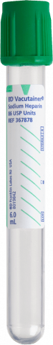BD Tube Vacutainer Hemo+13 X 100mm 6ml Grn Plbl Plastic; 90USP unit Sodium Heparin 100/Box 10Box/Case 367878