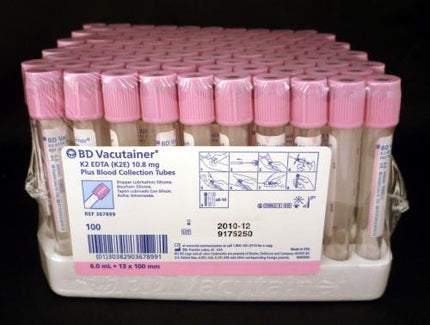 BD Tube Vacutainer Hemo+13 X 100mm 6ml Pink Plastic; 10.8mg K2EDTA P30 100/Box 10Box/Case 367899 - A Medi Supplies