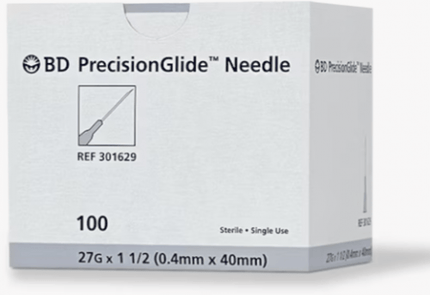 BD PrecisionGlide™ Needle, Regular Bevel, 27G x 1 .5", 100 each/box, 301629 - A Medi Supplies