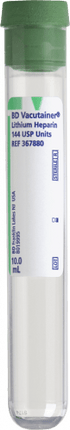 BD Vacutainer® Plus Plasma Tube, Plastic 16 X 100mm 10ml W/lit Hep Grn 100 each/box 367880 - A Medi Supplies