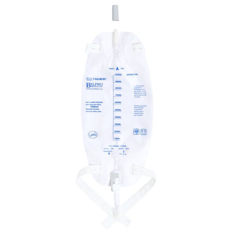 Belpro Medical Leg Bag With Reverse Drain Valve 500mL/800mL/1000mL, 50 each/case - A Medi Supplies