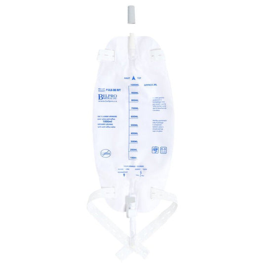 Belpro Medical Leg Bag With Reverse Drain Valve 500mL/800mL/1000mL, 50 each/case - A Medi Supplies