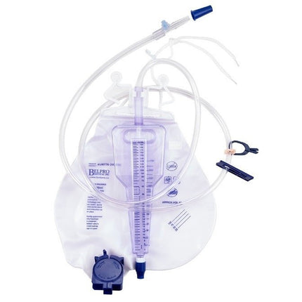Belpro Medical 200ml Urine Meter with anti - splash drain valve, 2000mL drainage bag, 10 each/case, UM776 - 2000200D - A Medi Supplies
