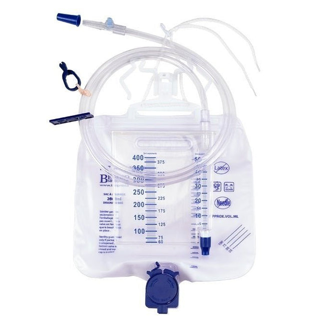 Belpro Medical 200ml Urine Meter with anti - splash drain valve, 2600mL drainage bag, 10 each/case, UM776 - 2600400D - A Medi Supplies