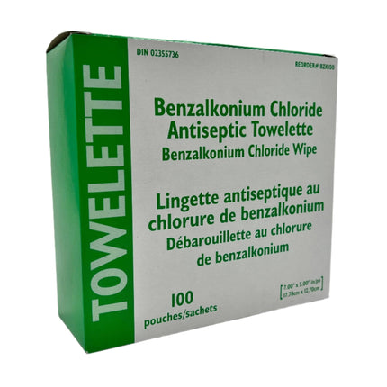 Canadian Custom Packaging BZK Antiseptic Towelette Benzalkonium Chloride, 7" x 5", 100 each/box , BZK100 - A Medi Supplies