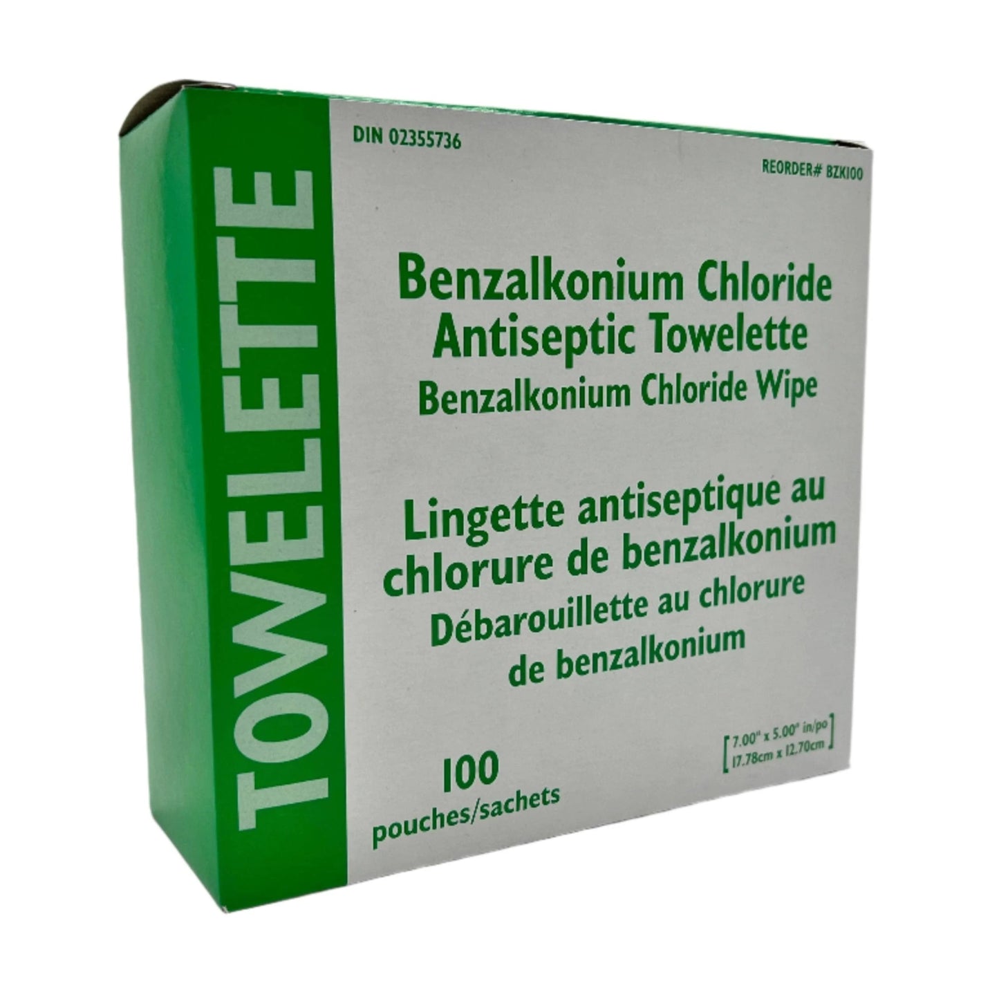 Canadian Custom Packaging BZK Antiseptic Towelette Benzalkonium Chloride, 7" x 5", 100 each/box , BZK100 - A Medi Supplies