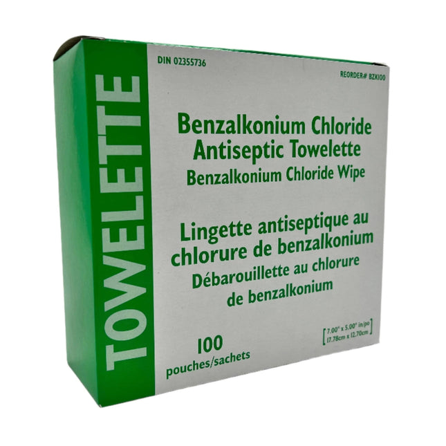 Canadian Custom Packaging BZK Antiseptic Towelette Benzalkonium Chloride, 7" x 5", 100 each/box , BZK100 - A Medi Supplies