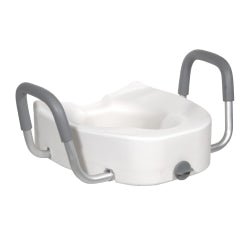 compare product Drive Medical Premium Plastic Raised Toilet Seat with Lock and Padded Armrests, Elongated, 1 Each, 12013
