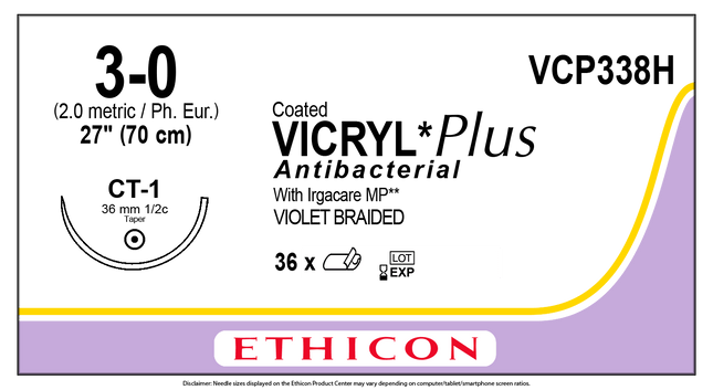J&J Ethicon COATED VICRYL® Plus Antibacterial (polyglactin 910) Suture 36 each/box VCP338H - A Medi Supplies