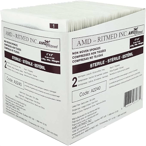 Medicom Nonwoven Gauze Sponge, Sterile, 2s, 4 - Ply, 2" x 2", 2 each/pack, 50 pack/tray, A2240 - A Medi Supplies