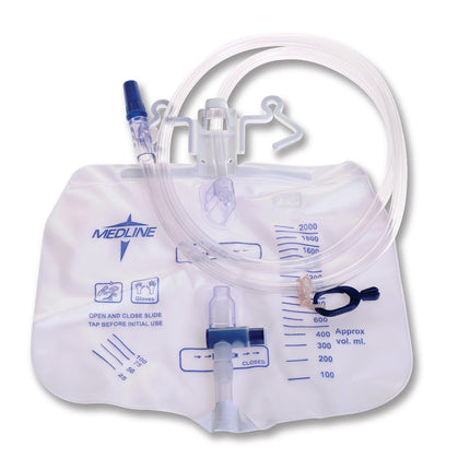 Medline Urine Drainage Bag with Anti - Reflux Valve, Anti - Reflux Tower and Metal - Free Slide - Tap Drainage Port, 2,000 mL, 20/Bag, DYND15205 - A Medi Supplies