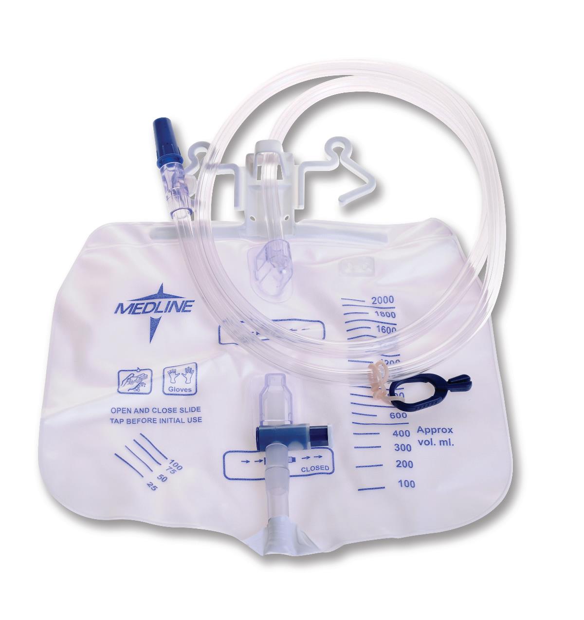 Medline Urine Drainage Bag with Anti - Reflux Valve, Anti - Reflux Tower and Metal - Free Slide - Tap Drainage Port, 2,000 mL, 20/Bag, DYND15205 - A Medi Supplies