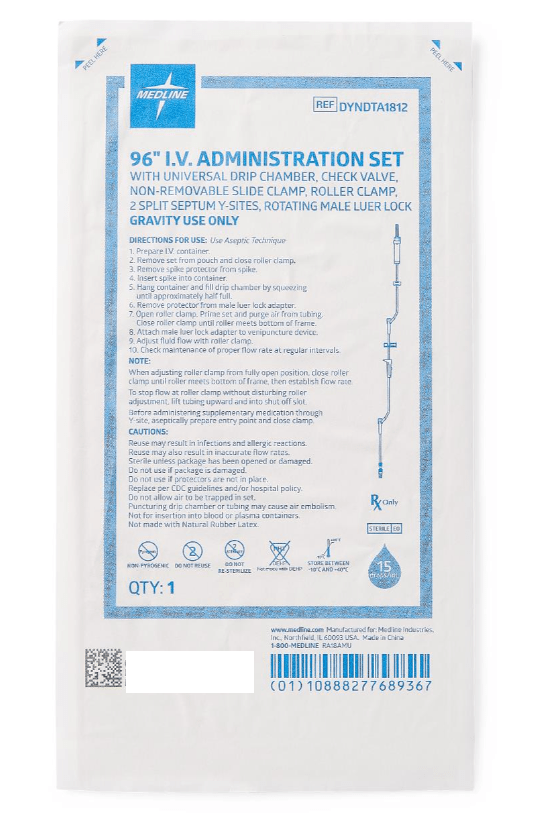 Medline IV Administration Sets with Injection Y - Site, with 2 Pre - Slit Ports, 15 Drops/mL, 96", 50/CS, DYNDTA1812 - A Medi Supplies