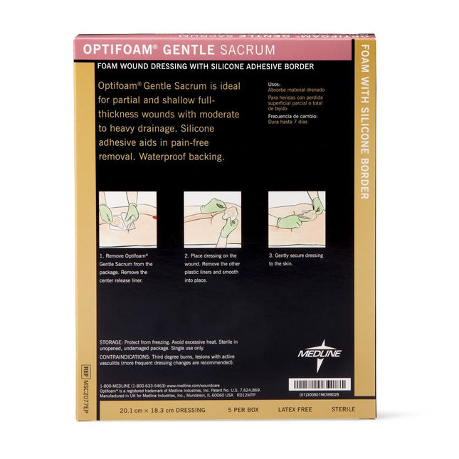 Medline Optifoam® Gentle Silicone Adhesive Foam Dressing with Border, 7" x 7" (17.5 cm x 17.5 cm), Sacral Box/5 Each MSC2077EP - A Medi Supplies
