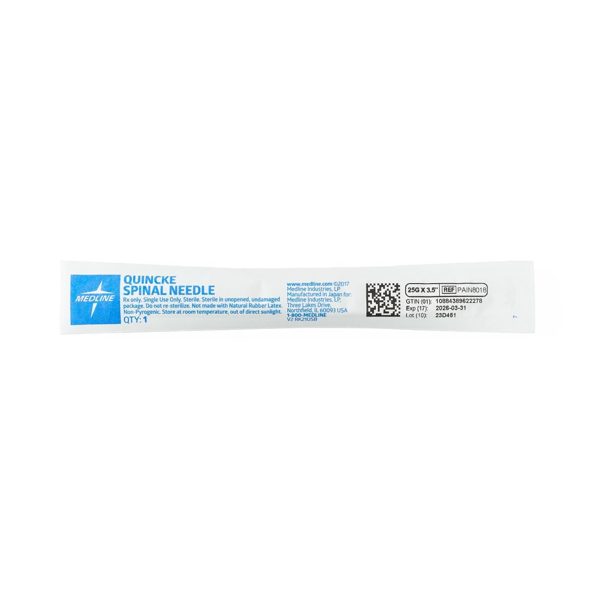 Medline Quincke Spinal Needle, 25 G x 3.5" (8.89 cm), 25/BX, PAIN8018 - A Medi Supplies