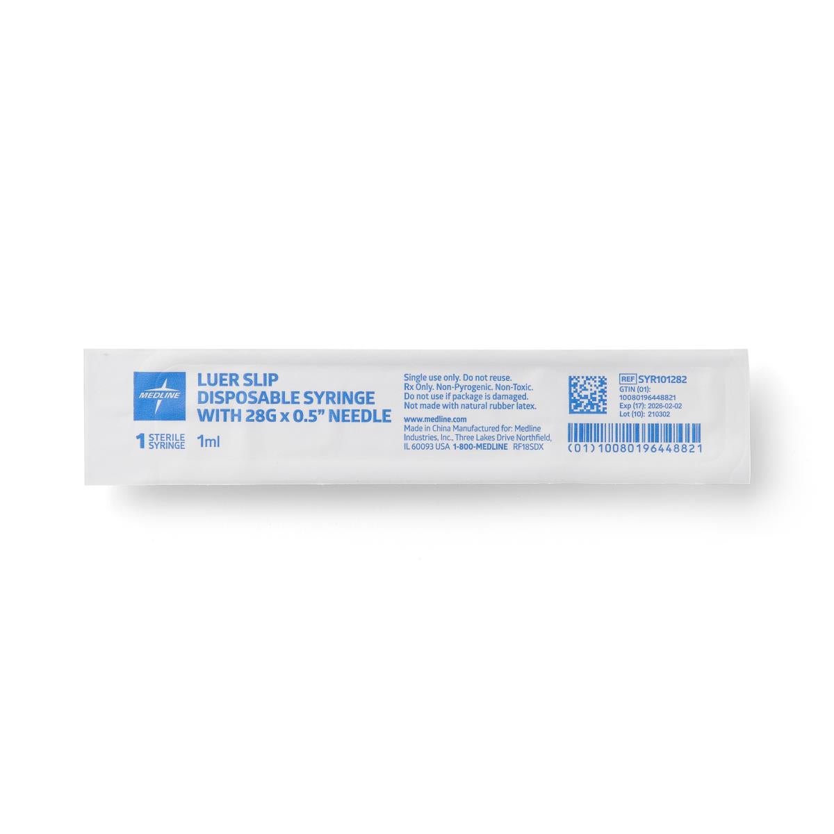 Medline Syringe with Standard Hypodermic Needle, 1 cc (mL), 28 G x 1/2" (1.27 cm), Insulin, 800/CS, SYR101282 - A Medi Supplies