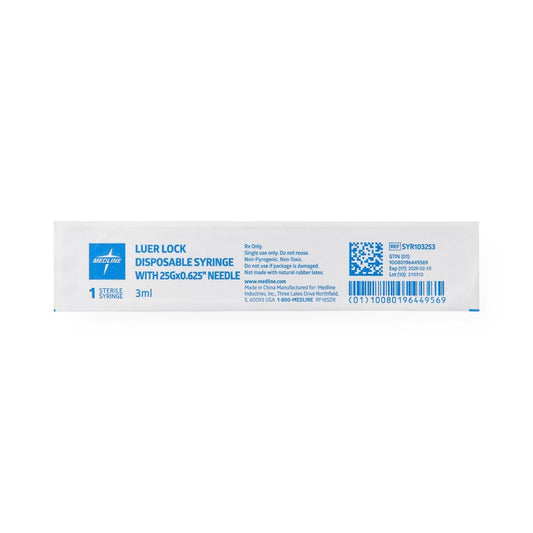 Medline Syringe with Standard Hypodermic Needle, 3 cc (mL), 25G x 5/8" (1.59 cm), 800/Case, SYR103253 - A Medi Supplies