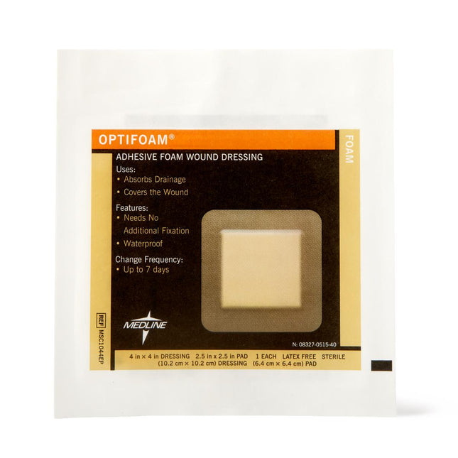 Medline Optifoam® Adhesive Foam Dressing, 4" x 4" (10 cm x 10 cm) Box/10 Each MSC1044EP