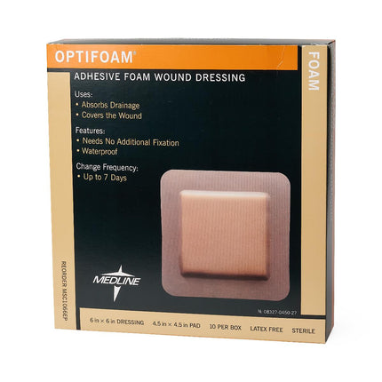Medline Optifoam® Adhesive Foam Dressing, 6" x 6" (15 cm x 15 cm) Box/10 Each MSC1066EP