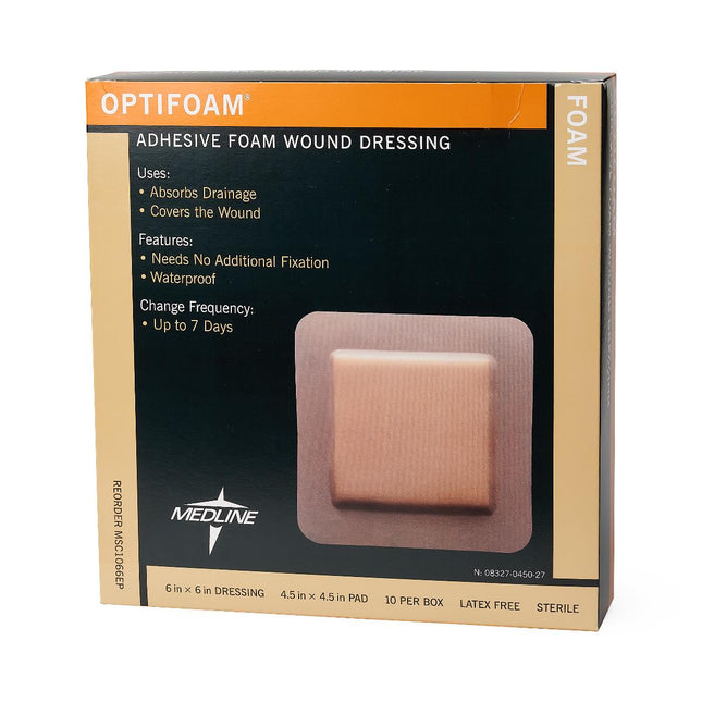 Medline Optifoam® Adhesive Foam Dressing, 6" x 6" (15 cm x 15 cm) Box/10 Each MSC1066EP