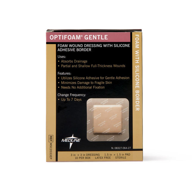 Medline Optifoam® Gentle Silicone Adhesive Foam Dressing with Border, 3" x 3" (7.5 cm x 7.5 cm) Box/10 Each MSC2033EP