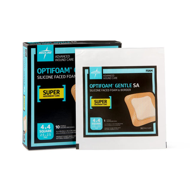 Medline Optifoam® Gentle Silicone Adhesive Super Absorbent Foam Dressing with Border, 4" x 4" (10 cm x 10 cm) Box/10 Each MSC2144EP