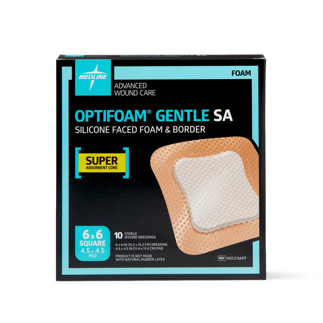 Medline Optifoam® Gentle Silicone Adhesive Super Absorbent Foam Dressing with Border, 6" x 6" (15 cm x 15 cm) Box/10 Each MSC2166EP