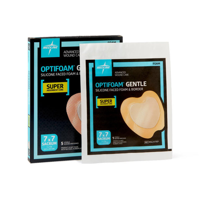 Medline Optifoam® Gentle Silicone Adhesive Super Absorbent Foam Dressing with Border, 6.75" x 6.75" (17 cm x 17 cm) Box/5 Each MSC2177EP
